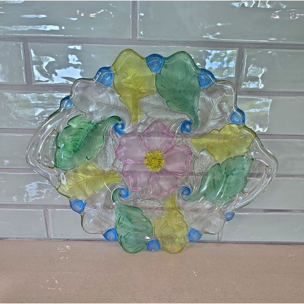 Vintage 1940s Indiana Glass wild rose multicolor handled serving platter 12"